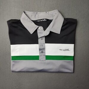 Travis Mathew Polo Shirt Mens XL Gray Black White Green Stripe Golf Performance